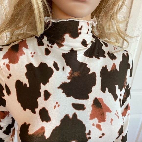 SHEIN - White and brown ruched bodycon Cow pattern stretch dress for S- US XS - Picture 9 of 11